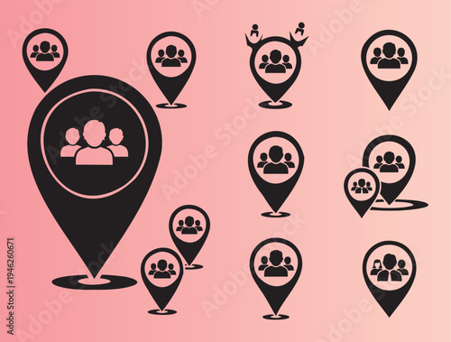 Collection of map pins with group and family icons design