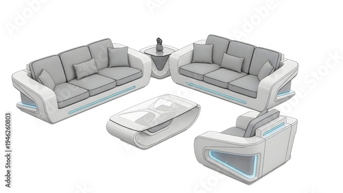 Futuristic Modern Stylish Sofa Full Set, AutoCAD 3D Vector Design on White Background