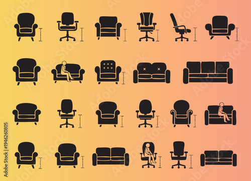 Collection of various chairs and sofas in flat silhouette style