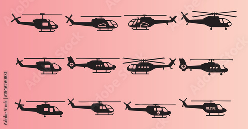 Collection of various helicopter silhouettes isolated on transparent background