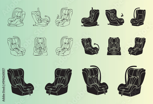 Collection of various child car seat illustrations in different styles