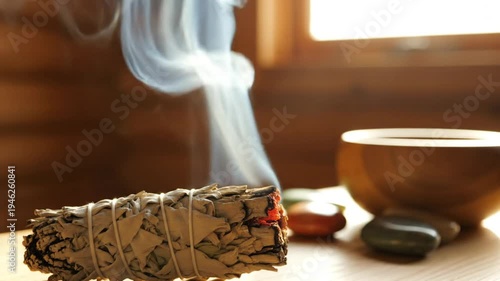 Wallpaper Mural Burning white sage bundle with smoke curling upwards near a wooden bowl on a table for spiritual cleansing and meditation Torontodigital.ca