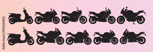 Collection of various motorcycles and scooters in silhouette style