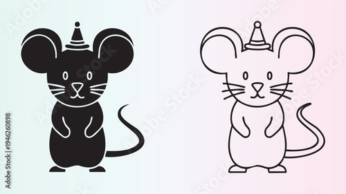 Cute cartoon mice with party hats in two different styles isolated