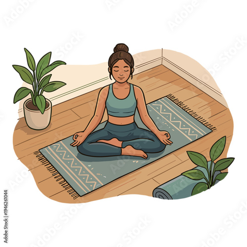 Woman practices yoga on a mat in a serene home environment with plants