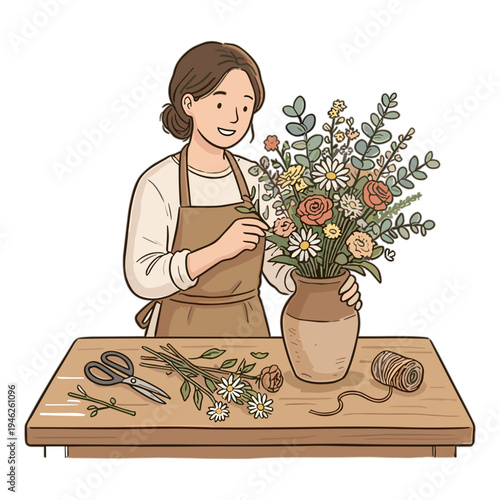 Woman arranging flowers in a vase on a table with scissors and twine