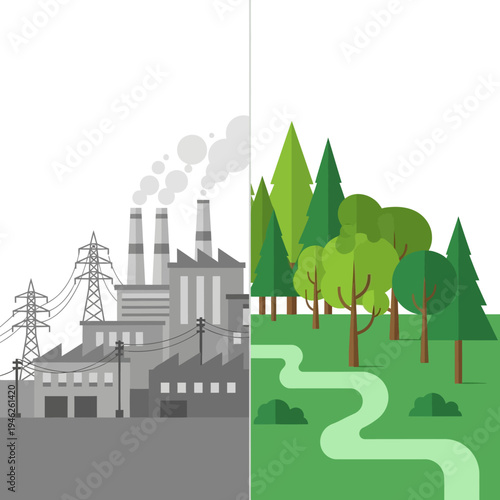 Industrial pollution vs. lush green nature, environmental contrast
