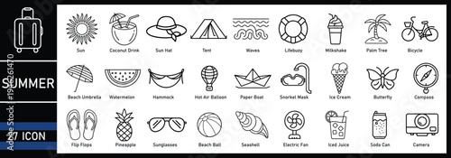 Vector set of business card design icons with travel holiday summer beach and business symbols for web and logo illustration collection