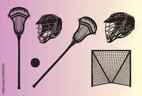 Lacrosse equipment set including sticks helmets and ball isolated illustration