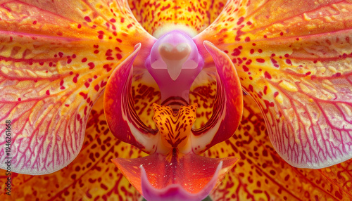 Close up of vibrant orange and red orchid flower with detailed petals