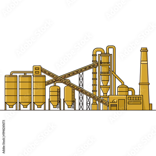 Industrial factory machines operate with large pipes and silos.