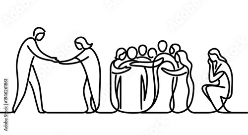 Two people shaking hands while a group hugs and one person sits alone.