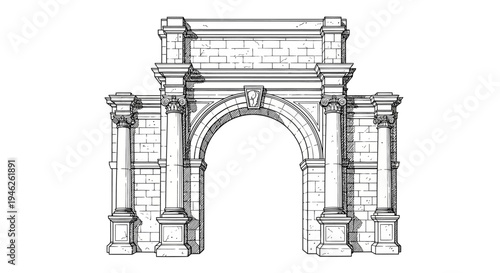 Detailed Line Drawing of Classical Triumphal Arch with Columns.