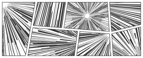 Manga anime comicbook speed lines set. Black and white radial impact effects and comic book action energy. Sun burst focus, lightning shock overlays and concentric screentone style. Vector background.