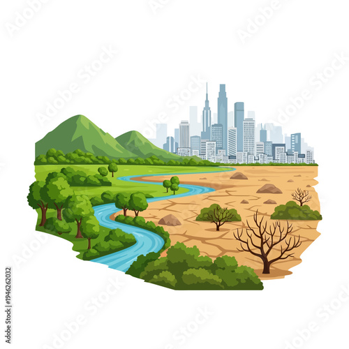 Contrast between nature and city, lush greenery vs arid land, environmental change