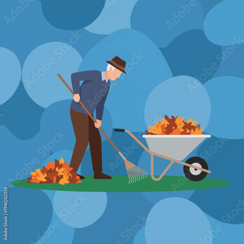 Senior Man Raking Leaves into Wheelbarrow