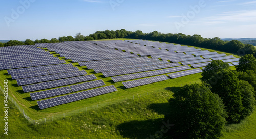 A large solar panel farm situated in a green field surrounded by trees under a clear blue sky with rows of photovoltaic panels generating renewable energy