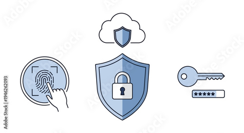 Digital security concept with fingerprint scan cloud lock and key.
