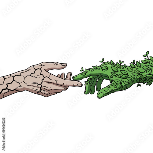 Creation of Nature: Dry Hand Reaching Towards Lush Green Hand Covered in Leaves