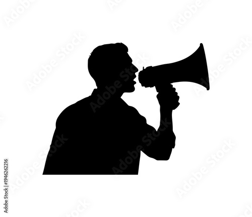 Silhouette of a man speaking through a megaphone