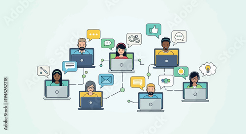 Diverse group of people communicating online using laptops and technology.