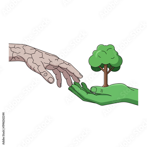 Creation of Nature: Hand of God gives life to tree, symbolizing rebirth and environmental care