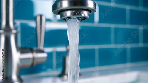 Wallpaper Mural Close-up of Water Running from Kitchen Faucet Against a Teal Tile Backsplash Torontodigital.ca