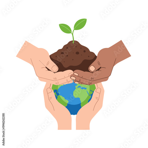 Diverse hands holding planet earth and seedling, symbolizing environmental protection and growth.