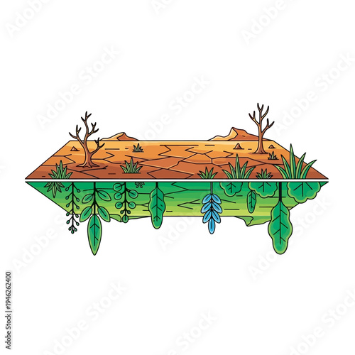 Drought and Lushness Contrast: Cracked Earth Above, Green Plants Below