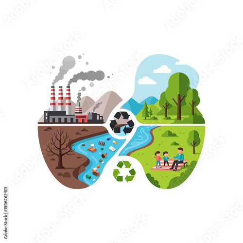 Environment pollution vs nature, industry vs recreation, recycling symbol