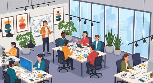 Diverse team collaborating in a modern open-plan office environment.