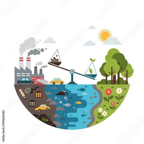 Environmental balance: pollution vs nature on scales, industry vs forest, water pollution