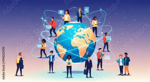 Diverse group of people connected around the globe.