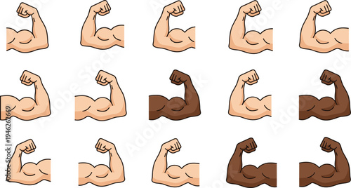 Muscular arm flexing biceps icons collection with different skin tones, strength and fitness symbol set vector illustration