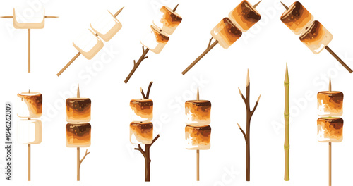 Roasted Marshmallow on Stick Cartoon Vector Set with Campfire Toasted Marshmallows, Smores Dessert Treats, and Camping Food Illustration