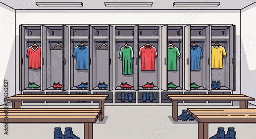 Sports Locker Room Illustration with Jerseys and Cleats