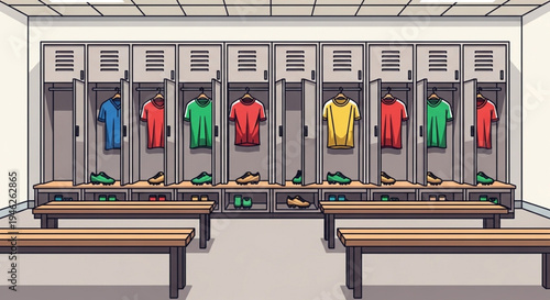 Sports Locker Room Illustration with Jerseys and Cleats