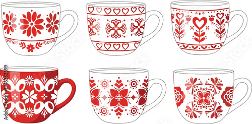 Scandinavian Folk Art Coffee Cups Collection with Nordic Floral and Heart Patterns Traditional Red and White Ceramic Mug Vector Illustration Set