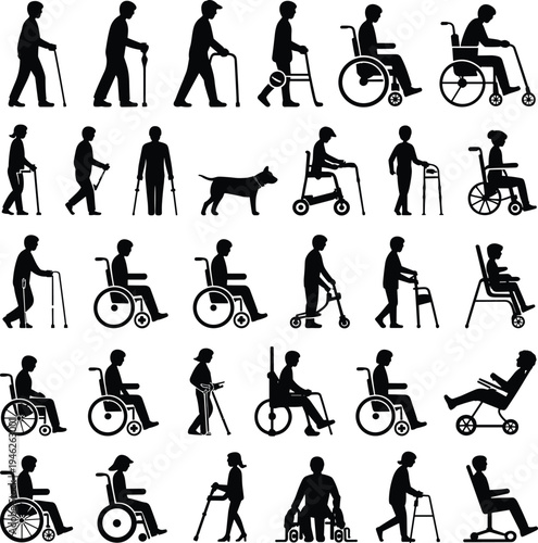 PrintAccessibility silhouettes mobility aids wheelchair walker cane crutches scooter service dog disability support inclusive design vector illustration artwork concept