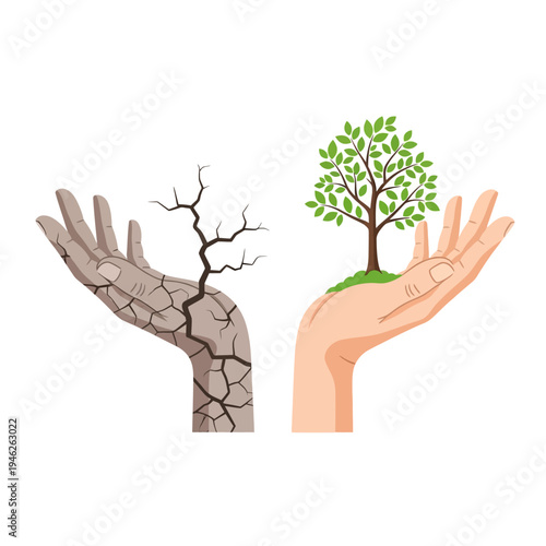 Hands holding dry cracked earth and a green tree, symbolizing hope and renewal