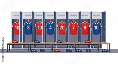 Sports Locker Room Illustration with Numbered Jerseys and Cleats