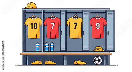 Soccer Locker Room Illustration with Jerseys and Equipment