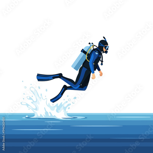 Scuba diver jumping into blue ocean water with splash, underwater exploration, adventure
