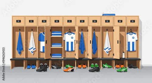 Professional Sports Locker Room Illustration with Team Equipment