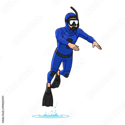 Scuba Diver Jumps into Water with Snorkel and Fins, Blue Wetsuit