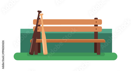 A simple wooden bench sitting on green grass against a green wall in a flat, cartoon style.