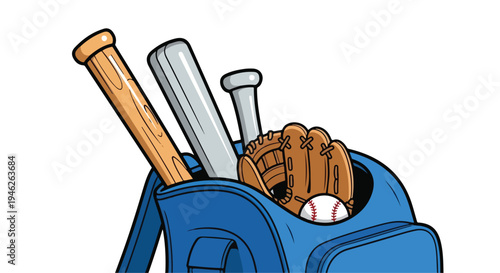 Illustration of a blue baseball bag with a brown glove, ball, and bats against a clean white background.