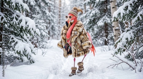 Surreal silliness flamingo wearing luxurious fur coat in snowy forest, playful absurd portrait
