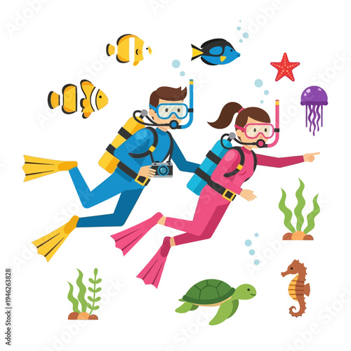 Couple scuba diving underwater with colorful fish, sea turtle, jellyfish, starfish, seahorse