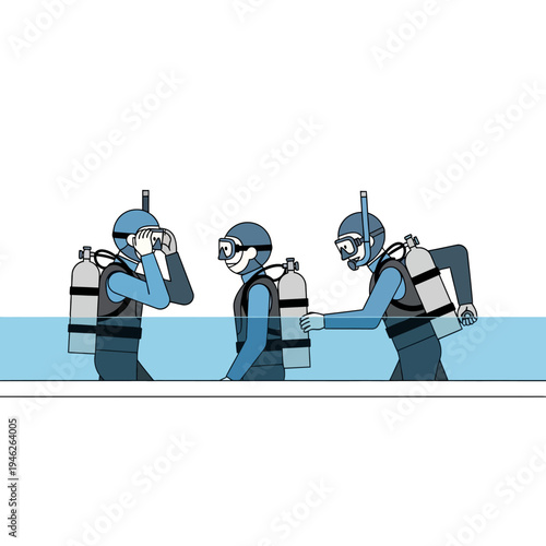 Divers preparing for underwater exploration, adjusting gear and mask in shallow water